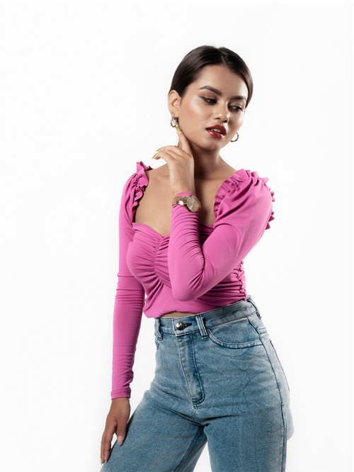 Full sleeve front gathered milkmaid Top (Pink)